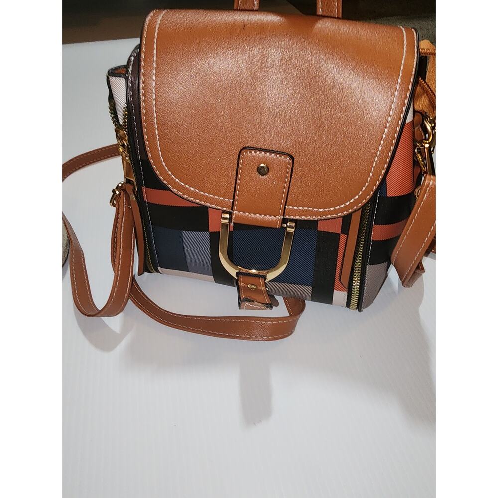 Mini Backpack Purse Plaid Check Tan Leather Trim NWOT